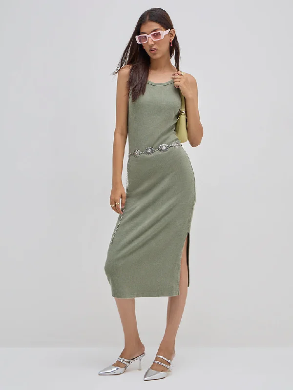 Discount Deals Nuon Olive Ribbed Textured Cotton Bodycon Dress