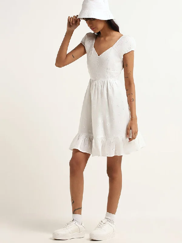 Steals and Deals Nuon White Schiffli Cotton A-Line Dress
