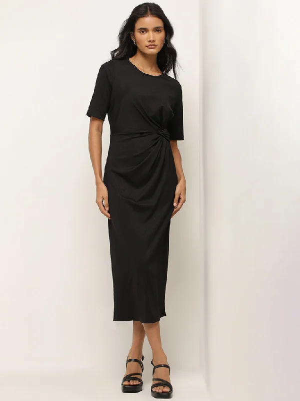 Limited Availability Wardrobe Black Twist Design Ribbed Straight Dress