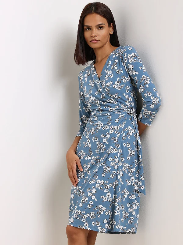 Shop and Save Wardrobe Blue Floral Wrap Dress
