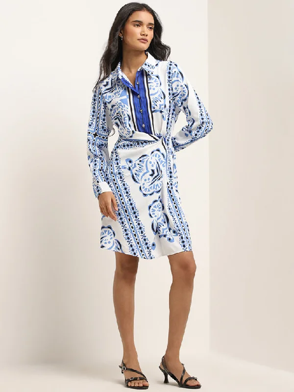 Year-End Sale Wardrobe Blue Printed Shirt Dress