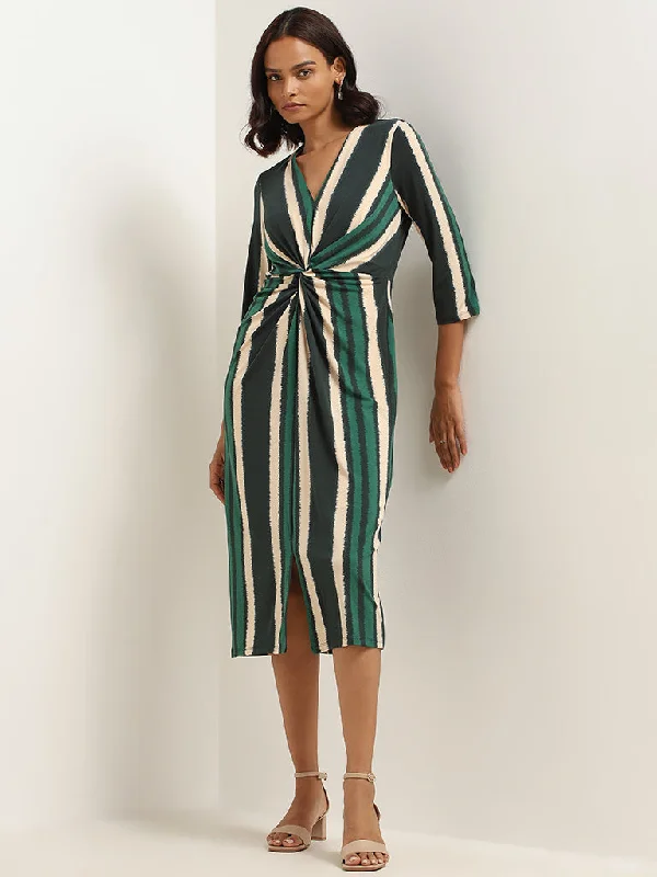 Can't Miss Wardrobe Green Striped Wrap Dress