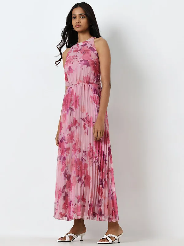 Markdowns Wardrobe Pink Floral Pleated A-Line Dress