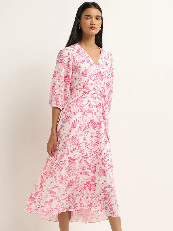 Shop and Save Wardrobe Pink Floral Printed A-Line Dress with Belt