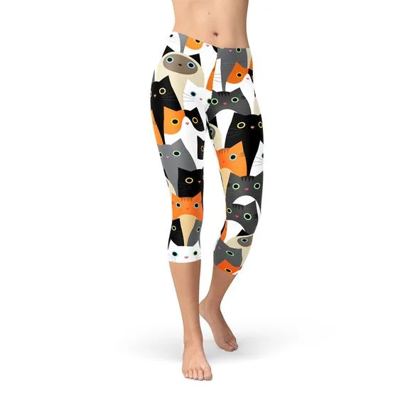 Extra Discounts Womens All Over Print Cats Capri Leggings