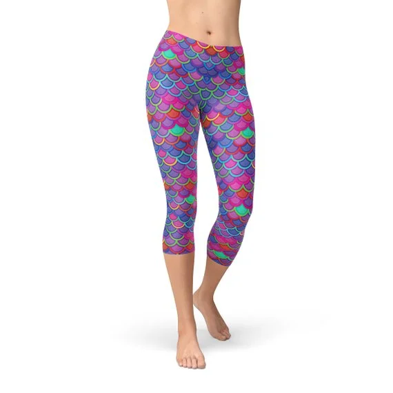 Unmissable Offer Womens Purple Pink Mermaid Capri Leggings