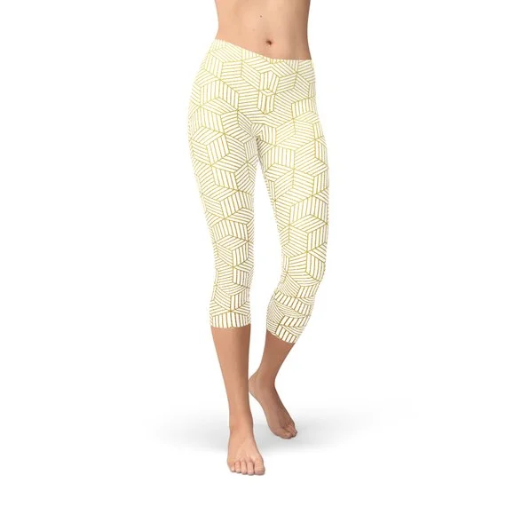 YEAR-End Sale Womens White Capri Leggings w/ Geometric Cubes